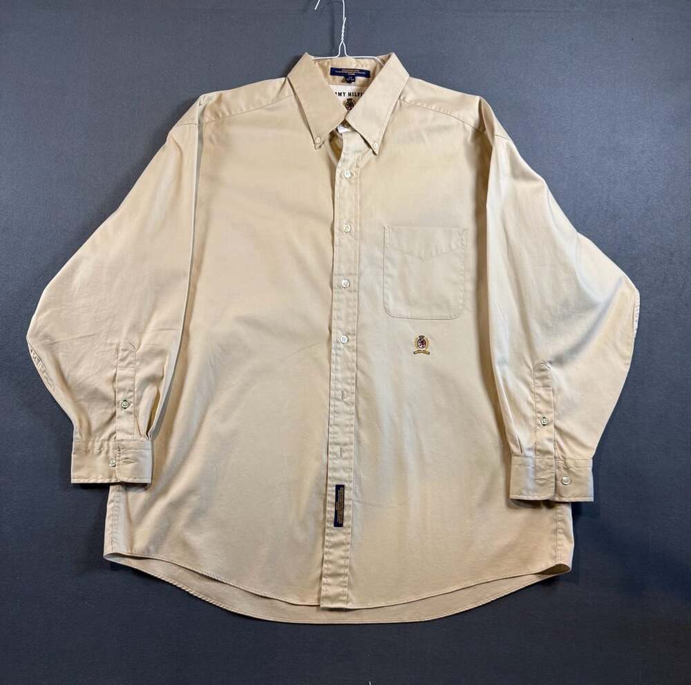 Tommy Hilfiger Button Down Shirt Size 17 32-33 Beige Long Sleeve